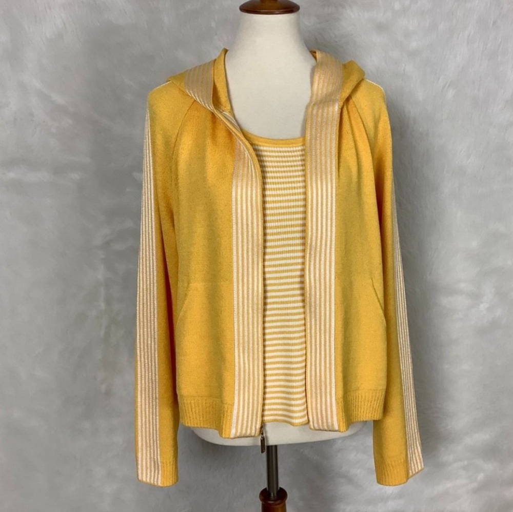 St. John Yellow Zip Up Knit Hoodie Jacket & Yellow & White Striped Tank Top Set